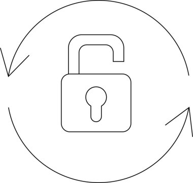 Dairesel oklarla çevrili açık asma kilidin basit bir çizgisi çizimi, güvenliği, dönmeyi ve kilidi açma veya yeniden başlatma kavramını sembolize eder..