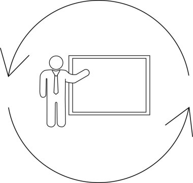 Sürekli döngü ya da döngü gösteren oklarla çevrili, tahtanın yanında duran bir adamın basit bir çizgi çizimi.