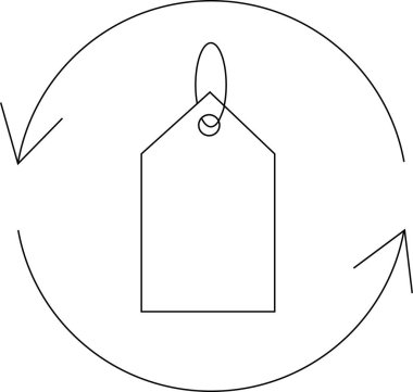 Dairesel oklarla çevrili bir fiyat etiketinin basit bir çizgi çizimi, bir geri dönüş veya takas politikasını simgeliyor.