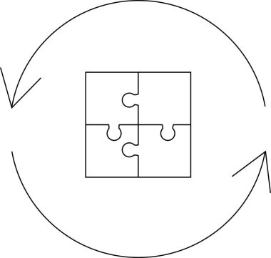 Dört parçalı kare yapboz dairesel oklarla çevrilidir, bütünleşmeyi ve sürekli gelişmeyi sembolize eder.
