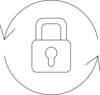 Dairesel oklarla çevrili basit bir asma kilit çizimi, güvenlik yenilemesini, veri korumasını ve sürekli güvenlik güncellemelerini simgeliyor.