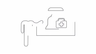 Panoda alarm zili ve ilk yardım çanlarının yer aldığı acil durum eğitimi üzerine sunum yapan bir kişinin basit bir çizimi.