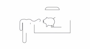 Beyaz tahtada bir domuz kumbarası ve çan simgesi sunan bir kişinin basit bir çizimi, mali veya tasarruf kavramları için idealdir.