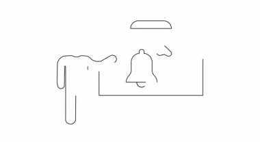 Bir sunucu, bir çan ve satranç şövalyesini gösteren beyaz tahtanın yanında duruyor. İş bağlamında strateji ve tetikte olmayı simgeliyor. Eğitim veya kurumsal içerik için ideal.