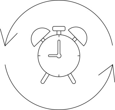 Dairesel oklarla çevrili, zaman yönetimi ve zamanlamayı sembolize eden bir alarm saatinin basit bir çizimi.