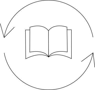 Dairesel oklarla çevrili açık bir kitabı tasvir eden basit bir çizgi sanat ikonu bilgi ve fikir alışverişini temsil ediyor..