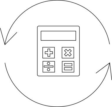Hesaplama ve matematiksel işlemlerin sürekliliğini sembolize eden dairesel oklarla çevrili bir hesap makinesi simgesi.