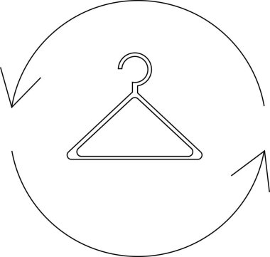 Geri dönüşüm oklarıyla çevrelenmiş, dairesel moda ve sürdürülebilirliği sembolize eden bir elbise askısı tasvir eden basit bir çizgi sanat simgesi.