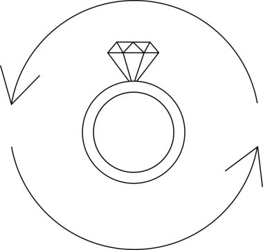Dönme okları olan basit bir elmas yüzük çizimi bağlılığı, nişanı ve ilişkilerin döngüsel doğasını sembolize eder..