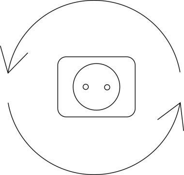 Dairesel oklarla çevrili, enerji akışını, dönüşünü veya güç üretimini sembolize eden basit bir elektrik prizi çizimi.