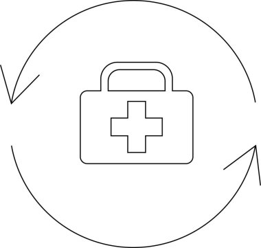 Oklarla çevrili bir ilk yardım seti simgesi, basit ve temiz bir tasarımla tıbbi yardımı, tazelemeyi ve sürekli bakımı sembolize ediyor..