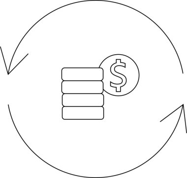 Para dolaşımını resmeden simge bir yığın bozuk para, bir dolar işareti ve dairesel oklarla..