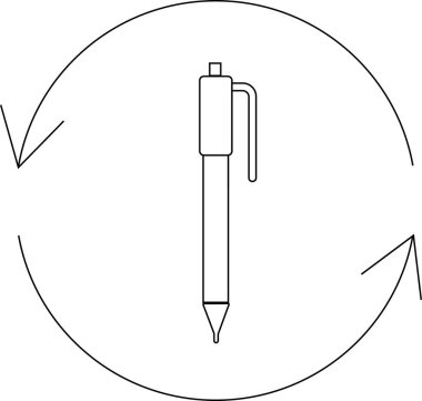Dairesel oklarla çevrili bir kalem simgesi, basit bir tasarım sürecinde yazma, düzenleme veya düzeltme işlemlerini sembolize eder.