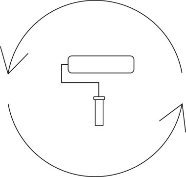 Dairesel oklarla çevrili basit bir boya silindiri çizimi, yenilenmeyi, yenilenmeyi ve ev geliştirme projelerinin döngüsel doğasını sembolize ediyor..