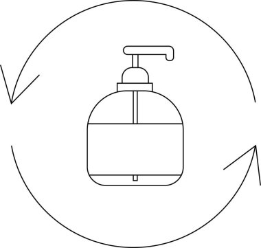 Dairesel oklarla çevrili, kişisel hijyen uygulamalarında sürdürülebilirliği ve çevre dostu olmayı sembolize eden doldurulabilir bir sabun dağıtıcı simgesi..
