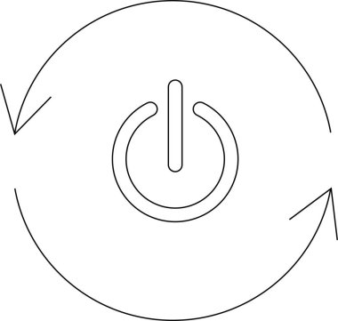 Bir güç döngüsü simgesinin basit bir çizgisi çizimi, bir çember içinde bir güç sembolü içeriyor ve bir süreci yeniden başlatmayı veya yeniden başlatmayı gösteren oklar ile.