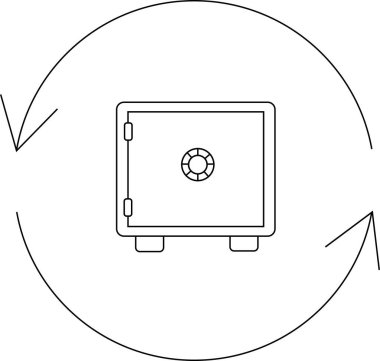 Basit, modern bir tasarımda güvenlik, koruma ve finansal güvenliği temsil eden, etrafı oklarla çevrili bir kasanın çizgi çizimi..