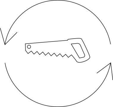 Dairesel oklarla çevrili basit bir testerenin çizimi, inşaat, onarım ve DIY projelerini temsil ediyor..