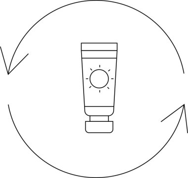 Güneş kremi uygulamasını dairesel bir okla tasvir eden basit bir çizgi sanat simgesi, etkin güneş koruması için düzenli olarak yeniden uygulamanın önemini vurguluyor.