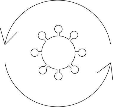 Bir virüsün tekrarlama döngüsünü temsil eden dairesel oklarla çevrili bir virüsü tasvir eden basit bir çizgi çizimi..