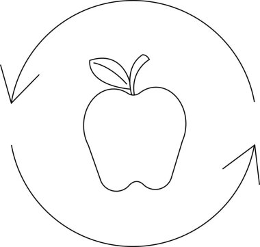 Geri dönüşüm sembolü içinde sürdürülebilir gıda uygulamalarını ve çevresel bilinci temsil eden bir elma. Çevre dostu kampanyalar ve sağlıklı beslenme girişimleri için ideal..