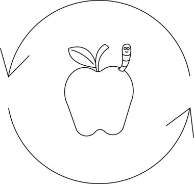 Dairesel bir okla çevrili solucanlı bir elmayı betimleyen, doğanın döngüsünü ve bozulmayı sembolize eden siyah beyaz bir illüstrasyon..