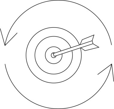 Yuvarlak oklarla çevrili, odaklanma ve sürekli gelişmeyi sembolize eden bir okun hedefin tam gözüne isabet edişinin siyah ve beyaz çizimi..