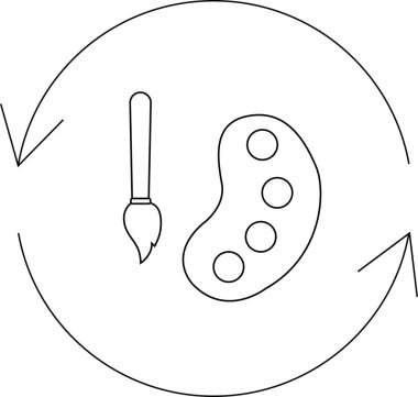 Boya fırçası ve paleti tasvir eden bir çizgi sanat simgesi, oklarla çevrili, sanatsal süreci ve yaratıcı iş akışını sembolize ediyor..