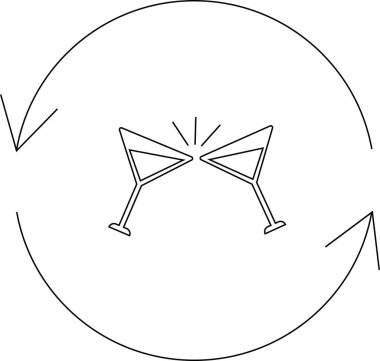 İki martini bardağının dairesel bir ok içinde birbirine vurduğu, yenilenmeyi ve kutlamayı simgeleyen minimalist bir sanat çizgisi..