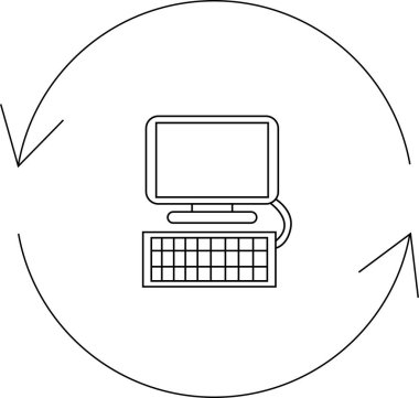 Dairesel oklarla çevrili basit bir bilgisayar simgesi, sistemi yenileyen veya teknolojideki süreçleri güncelleyen.