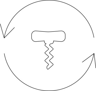 Bir dairenin içinde şarap veya bar teması için uygun dönen okları olan bir tirbuşon içeren basit bir siyah ve beyaz simge.
