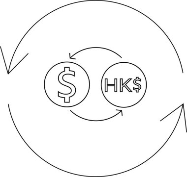 Amerikan doları ile Hong Kong doları arasında dairesel oklarla döviz alışverişini gösteren basit bir çizgi sanat ikonu..