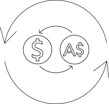 ABD doları ve Avustralya doları değiş tokuşunu gösteren basit bir çizgi sanat ikonu. Dairesel oklar dönüşüm sürecini gösteriyor..