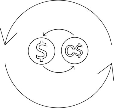 ABD doları ile Kanada doları arasındaki döviz alışverişini gösteren basit bir çizgi sanat ikonu. Dairesel oklar dönüşümü gösteriyor..