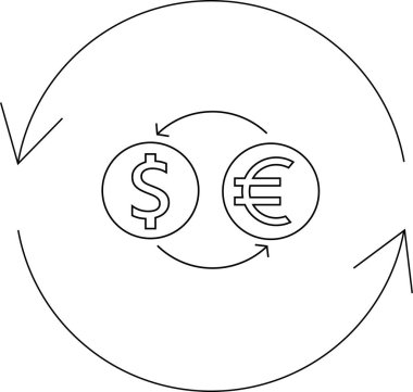 Döviz kurunun basit bir çizgisi çizimi, içinde bir dolar ve avro sembolü ve dairesel oklar var..