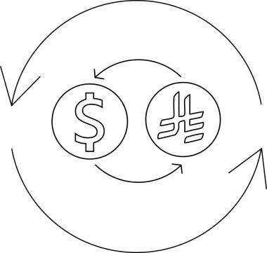 Amerikan doları ile Türk lirası arasındaki döviz alışverişini gösteren basit bir çizgi çizimi küresel finans ve uluslararası ticareti sembolize ediyor.