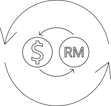 Amerikan dolarlarının Malezya halkalarına değişimini, para birimi dönüşümünü ve uluslararası finansmanı simgeleyen basit bir simge.