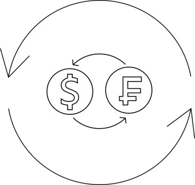 Amerikan doları ve İsviçre frangının değiş tokuşunu gösteren, uluslararası finans ve para birimi dönüşümünü sembolize eden basit bir çizgi çizgisi..