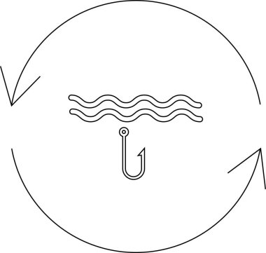 Dalgalı çizgilerin altında su döngüsünü temsil eden dairesel bir okun içinde asılı bir oltayı tasvir eden minimalist bir sanat çizgisi çizimi..