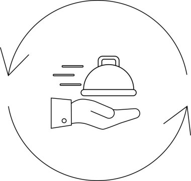 Basit bir çizgi sanat ikonu saat tutan bir eli besin dağıtım hizmetlerini temsil eden bir döngüyü gösteren oklarla resmediyor..