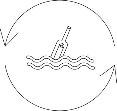 İçinde mesaj olan bir şişe, geri dönüşümü veya sürekli döngüyü sembolize eden dairesel oklarla çevrili olarak suyun üzerinde yüzer..