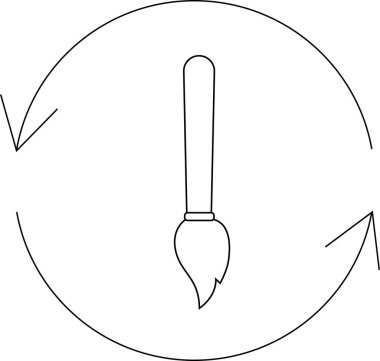 Basit bir çizgi sanat ikonu dairesel oklarla çevrili bir boya fırçası, yaratıcı süreci, sanatsal ifadeyi ve sanatın döngüsel doğasını temsil ediyor..