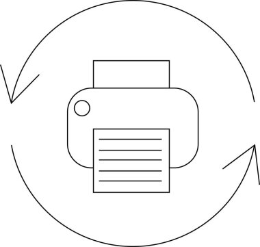 Dairesel oklarla çevrili basit bir yazıcı simgesi, temiz, minimalist bir tasarımda belge işleme, yazdırma veya iş akışı otomasyonunu sembolize eder.