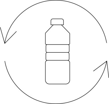 Çevresel farkındalığı ve sürdürülebilir uygulamaları teşvik eden, bir geri dönüşüm sembolünün içindeki plastik şişenin basit bir çizgisi..
