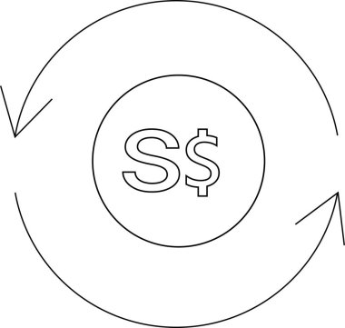Dairesel oklarla çevrili dairesel bir daire içinde Singapur Dolar para birimi sembolünü tasvir eden basit bir siyah beyaz simge.