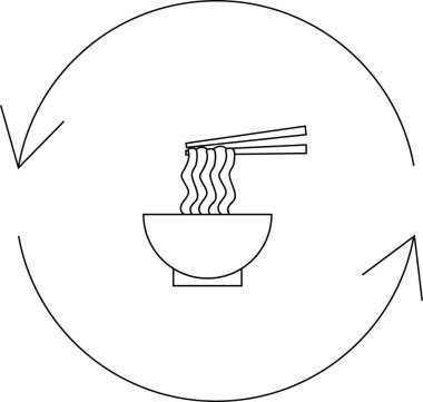 Dönüşü veya döngüsel süreci gösteren oklarla çevrili yemek çubuklarıyla bir kase erişte içeren minimalist bir ikon..
