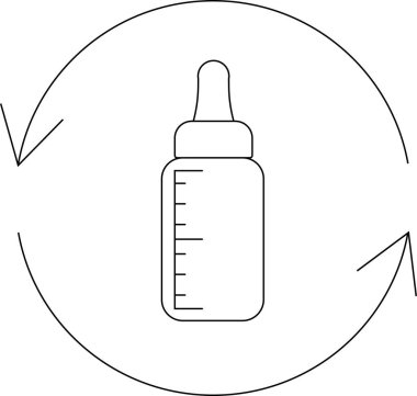 Geri dönüşüm sembolü içindeki bir bebek şişesinin basit bir çizgisi çizimi, sürdürülebilir bebek besleme uygulamalarını ve çevre dostu bebek ürünlerini temsil ediyor..