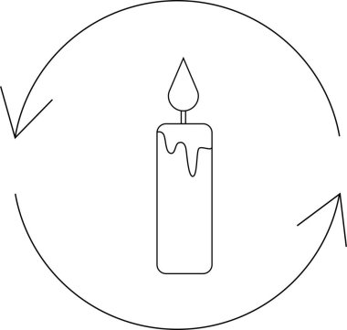 Oklarla çevrili bir mum, döngüleri, değişimi ve sürekli yenilenme ve dönüşüm sürecini temsil eder. Çok yönlü kullanım için basit satır sanatı.
