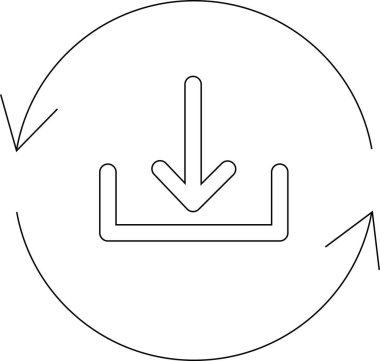 Güncellemeyi veya tazelemeyi gösteren dairesel bir okla çevrili, bir kutuya işaret eden bir indirme sembolü içeren bir minimalist simge.