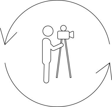 Dairesel oklarla çevrili ve sürekli film yapım sürecini sembolize eden üç ayaklı bir kamerayla film yapımcısını gösteren basit bir çizgi sanat ikonu..